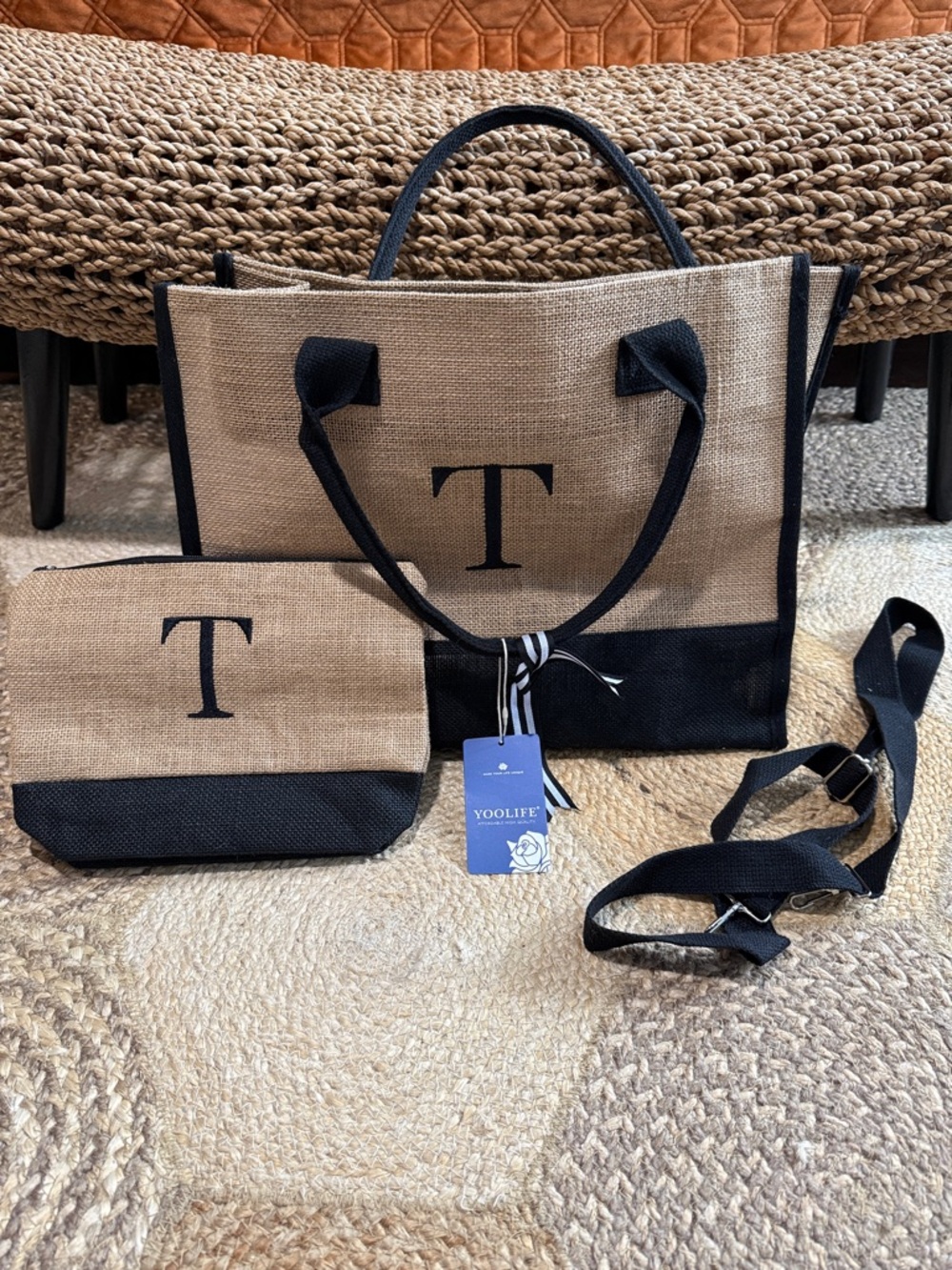 Neutral Black-Trimmed Jute Tote with Monogram Accent